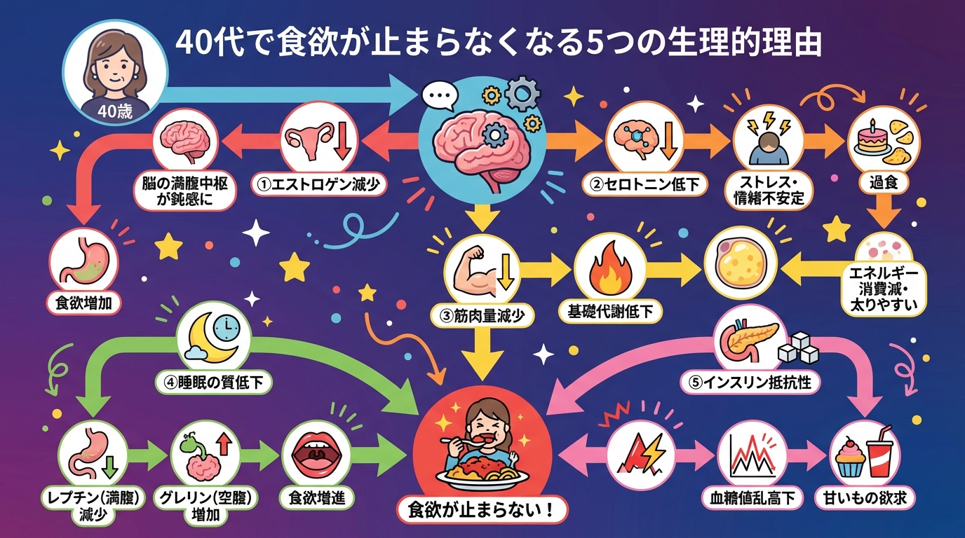 40代で食欲が止まらなくなる5つの生理的理由の図解