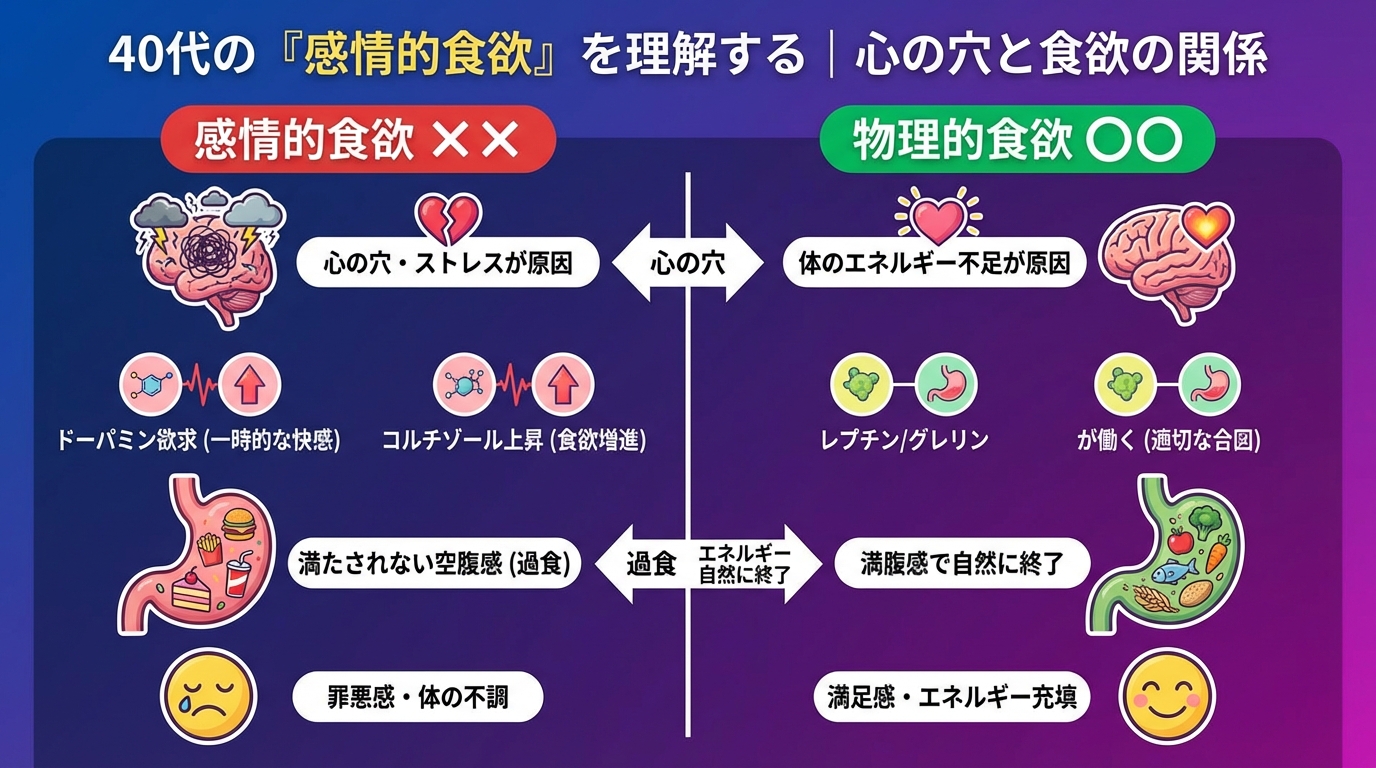 40代の「感情的食欲」を理解する｜心の穴と食欲の関係の図解