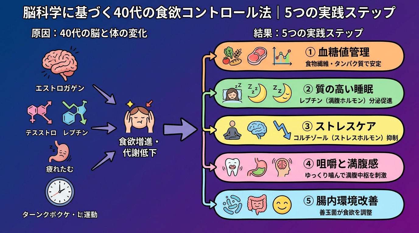 脳科学に基づく40代の食欲コントロール法｜5つの実践ステップの図解