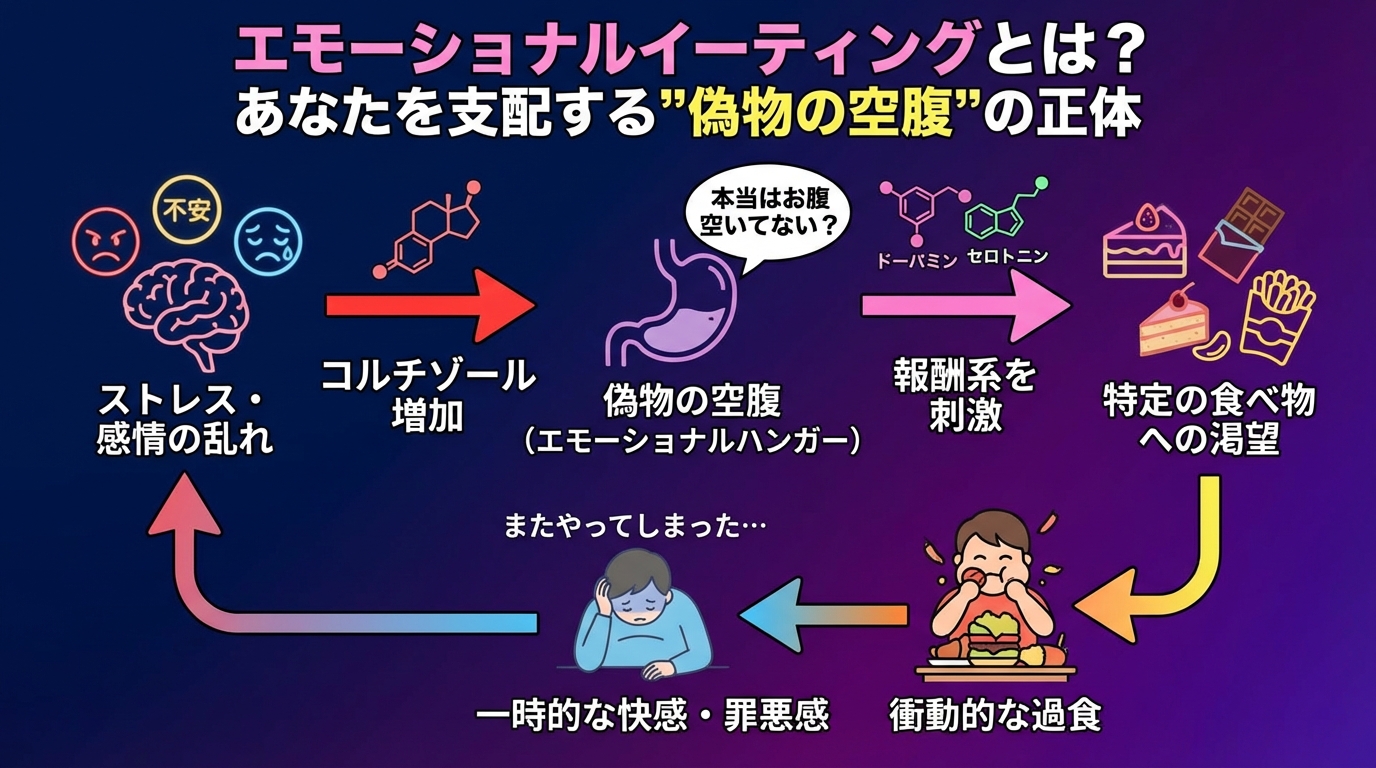 エモーショナルイーティングとは？あなたを支配する"偽物の空腹"の正体の図解