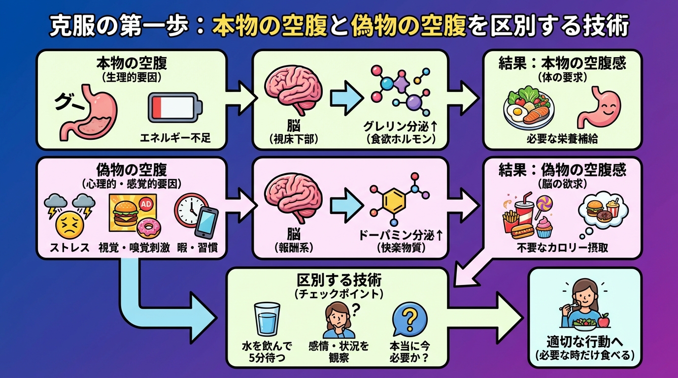 克服の第一歩：本物の空腹と偽物の空腹を区別する技術の図解