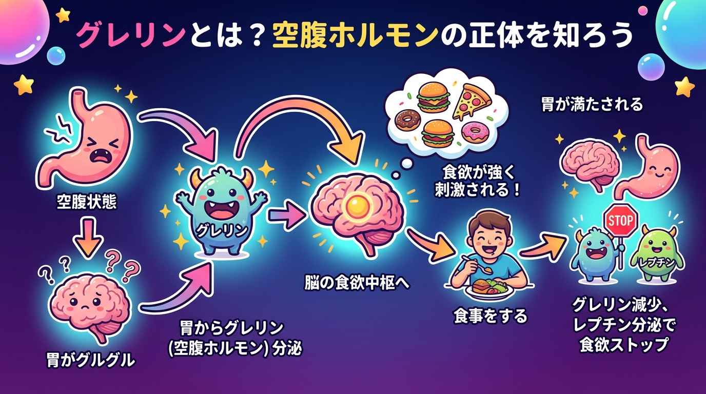 グレリンとは？空腹ホルモンの正体を知ろうの図解