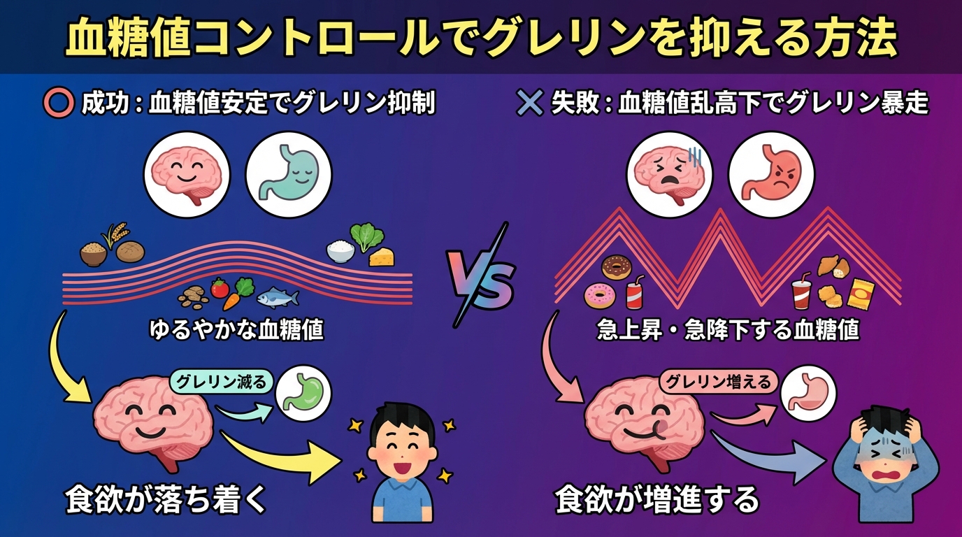 血糖値コントロールでグレリンを抑える方法の図解