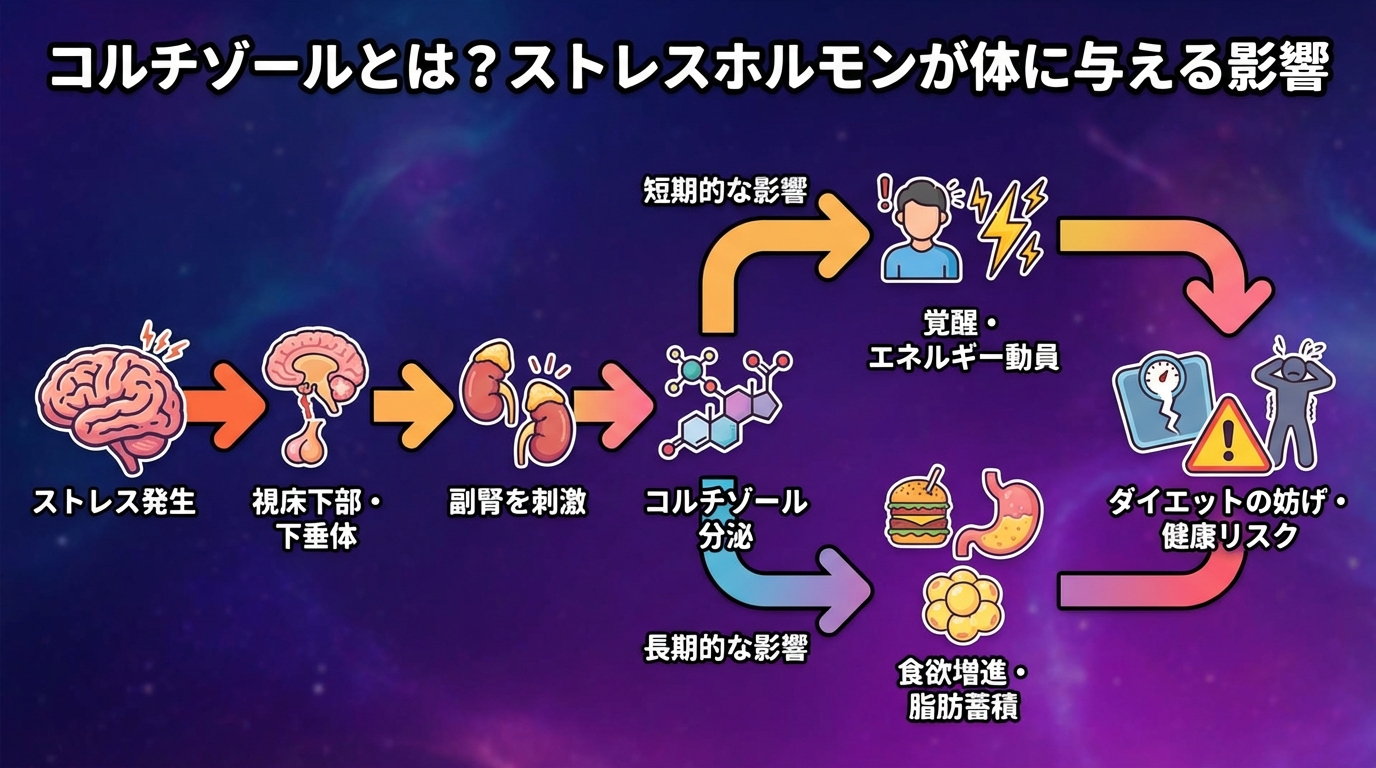 コルチゾールとは?ストレスホルモンが体に与える影響の図解