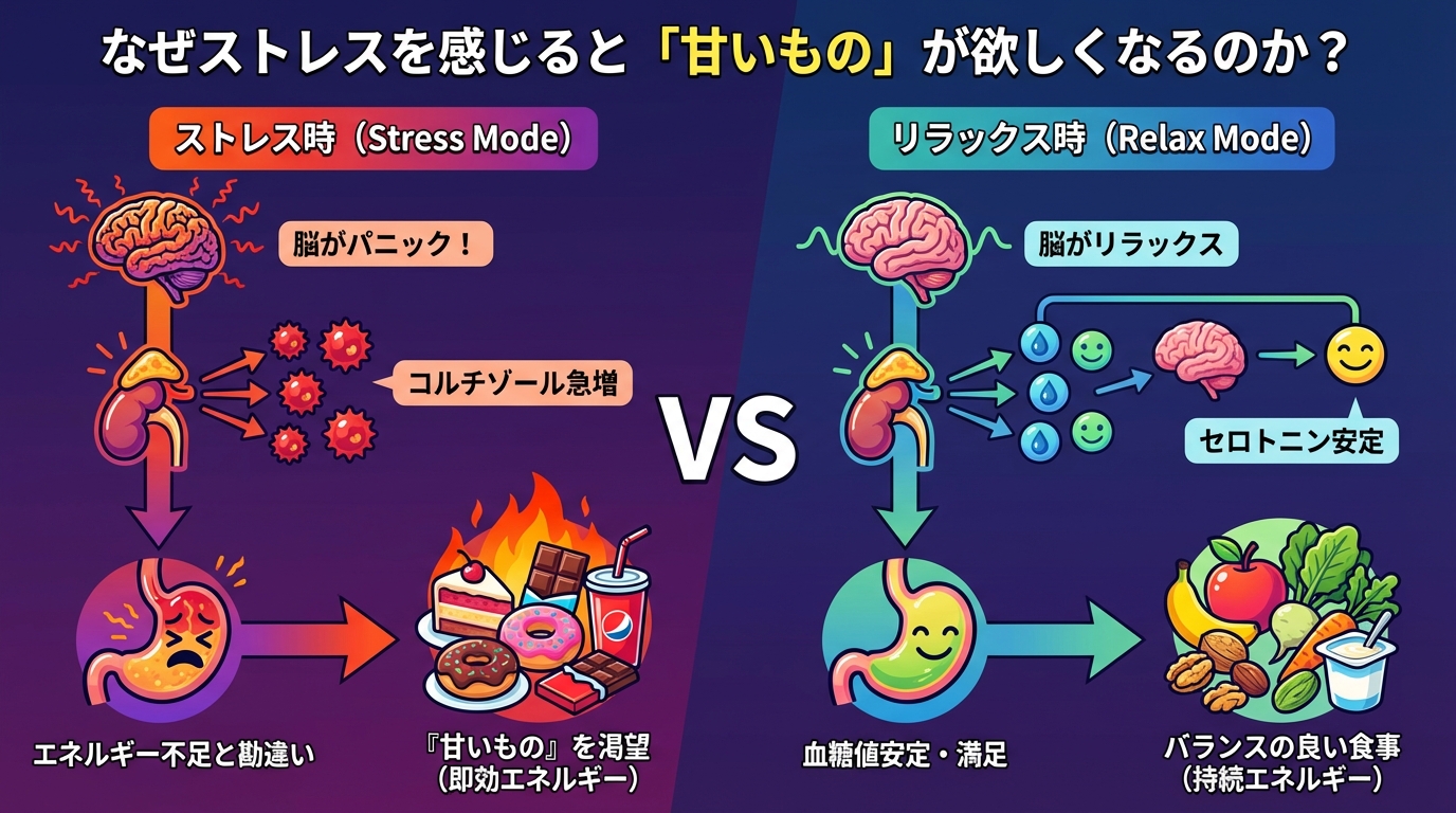 なぜストレスを感じると「甘いもの」が欲しくなるのか?の図解