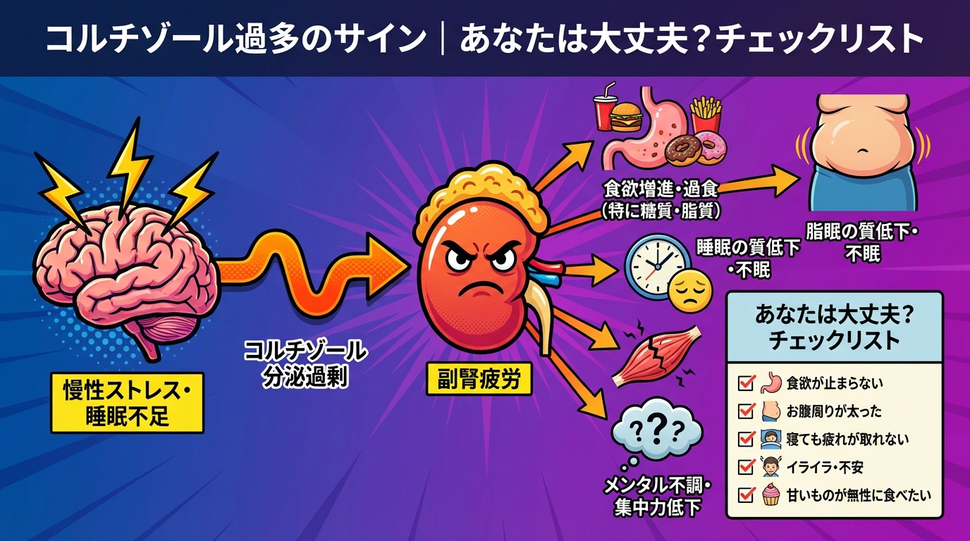 コルチゾール過多のサイン|あなたは大丈夫?チェックリストの図解