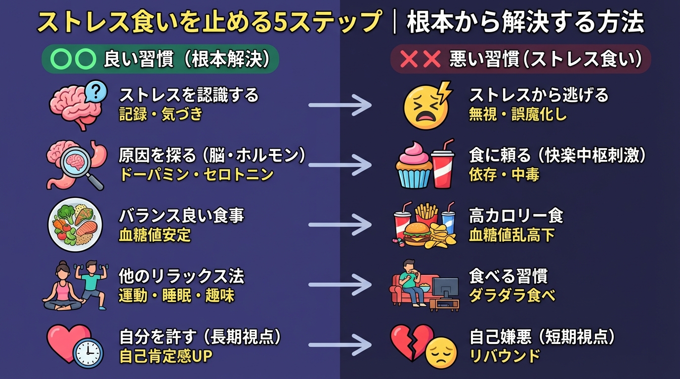 ストレス食いを止める5ステップ|根本から解決する方法の図解