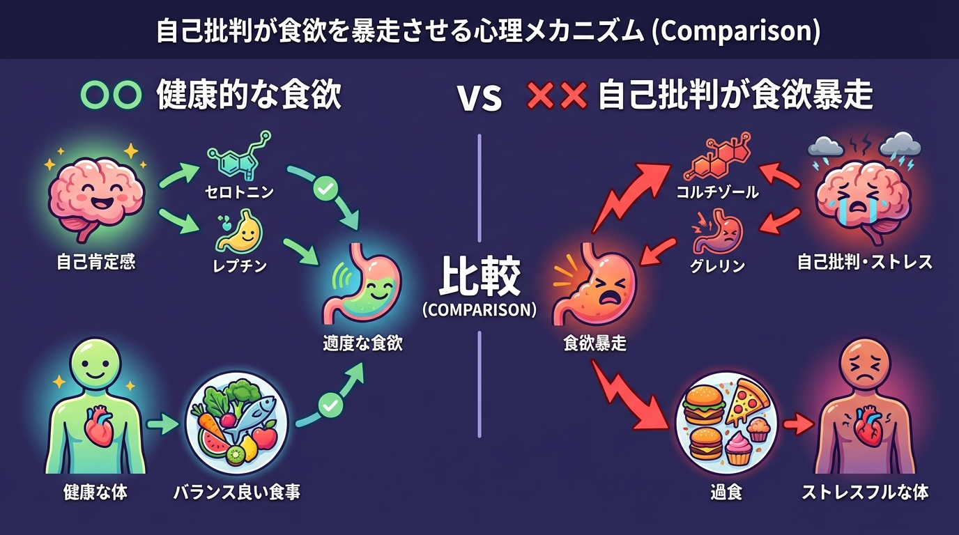自己批判が食欲を暴走させる心理メカニズムの図解