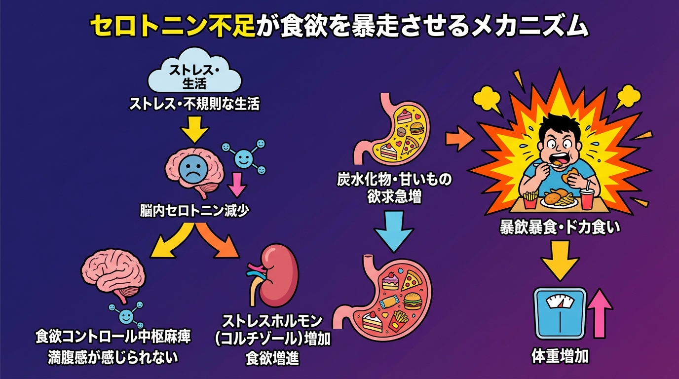 セロトニン不足が食欲を暴走させるメカニズムの図解