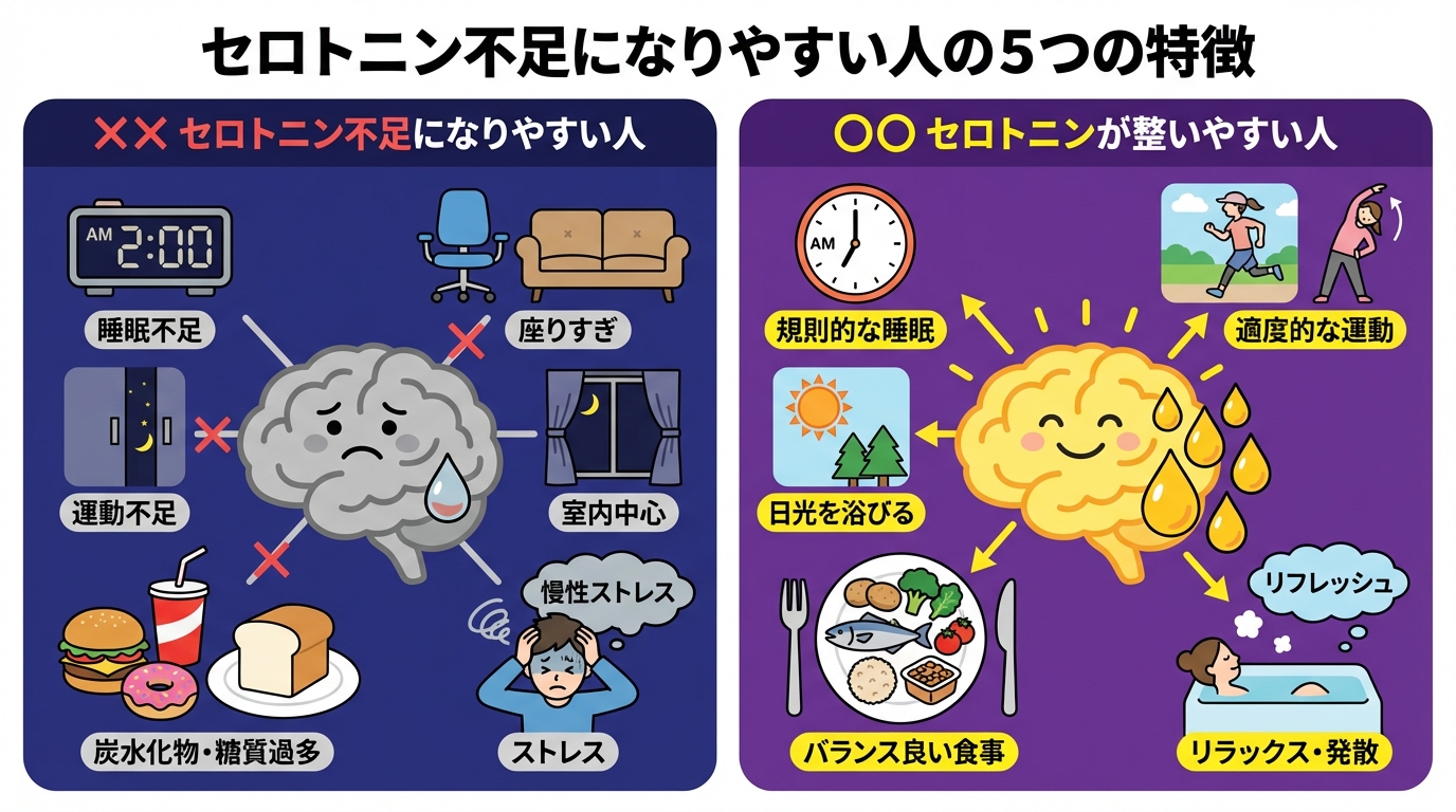 セロトニン不足になりやすい人の5つの特徴の図解