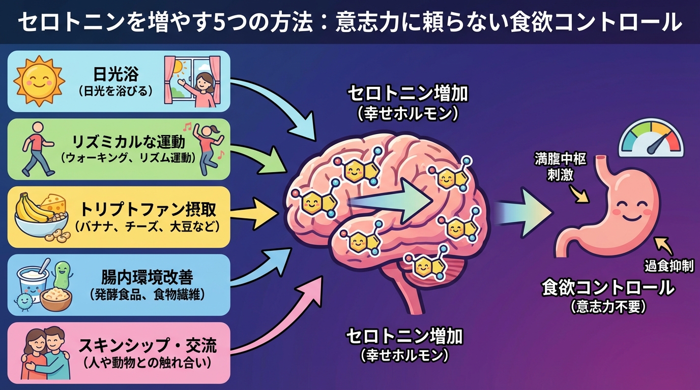 セロトニンを増やす5つの方法：意志力に頼らない食欲コントロールの図解