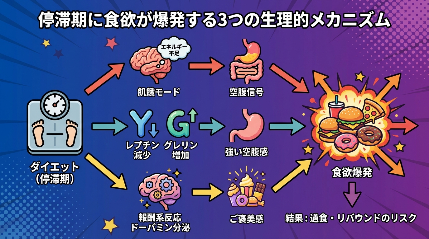 停滞期に食欲が爆発する3つの生理的メカニズムの図解