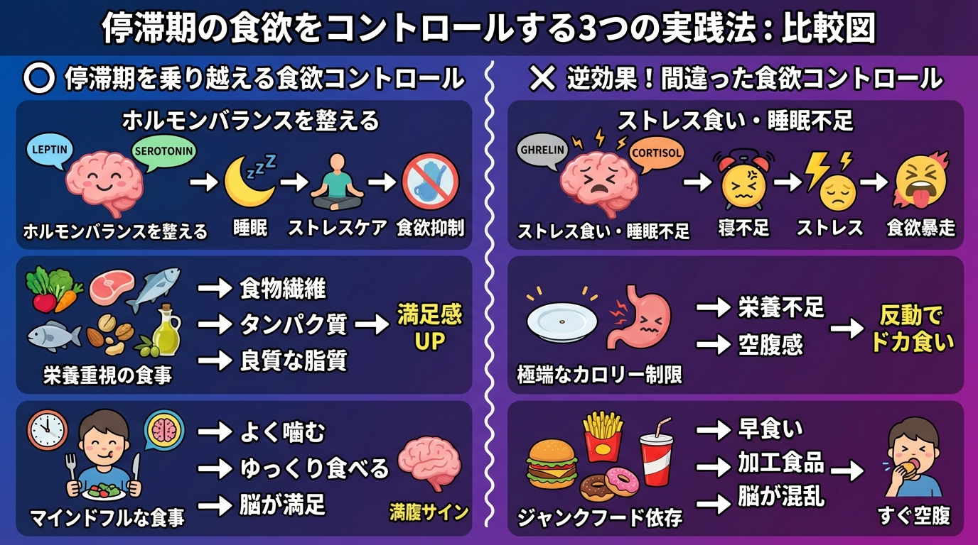 停滞期の食欲をコントロールする3つの実践法の図解