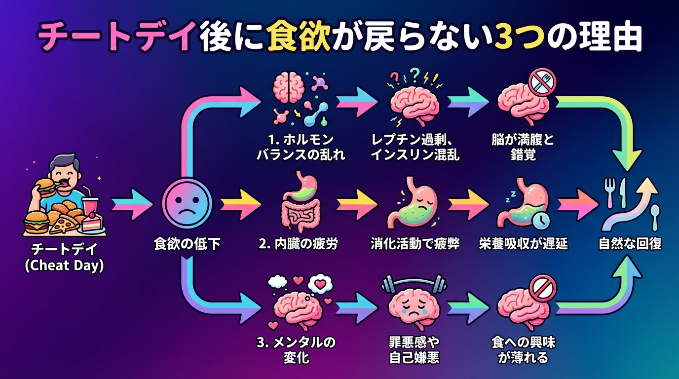 チートデイ後に食欲が戻らない3つの理由の図解