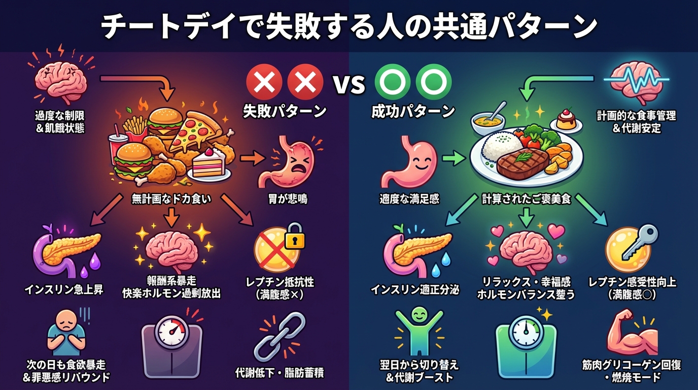 チートデイで失敗する人の共通パターンの図解