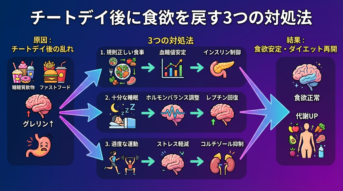 チートデイ後に食欲を戻す3つの対処法の図解