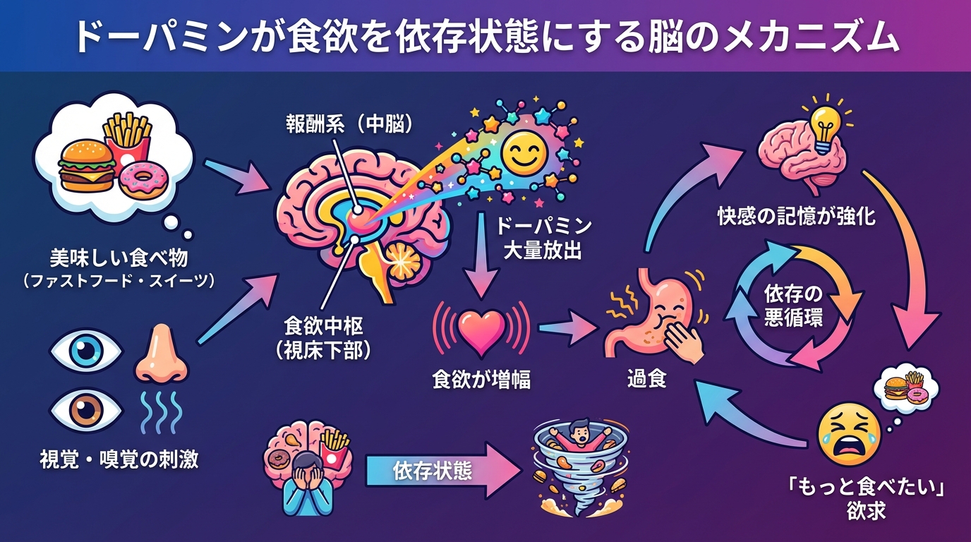 ドーパミンが食欲を依存状態にする脳のメカニズムの図解