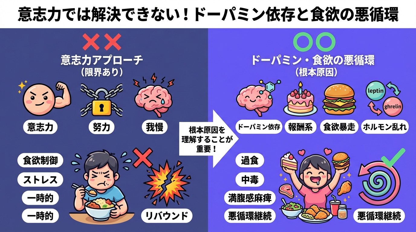 意志力では解決できない!ドーパミン依存と食欲の悪循環の図解