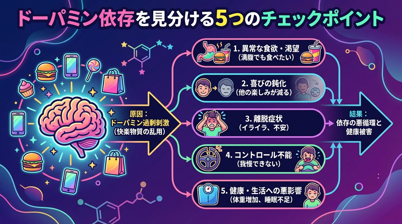 ドーパミン依存を見分ける5つのチェックポイントの図解