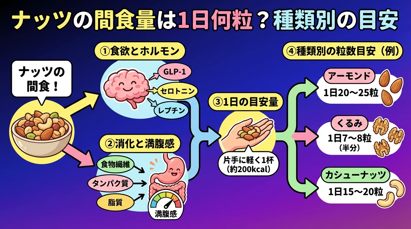 ナッツの間食量は1日何粒？種類別の目安の図解