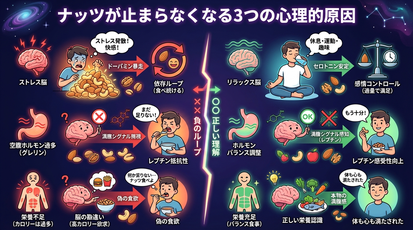 ナッツが止まらなくなる3つの心理的原因の図解