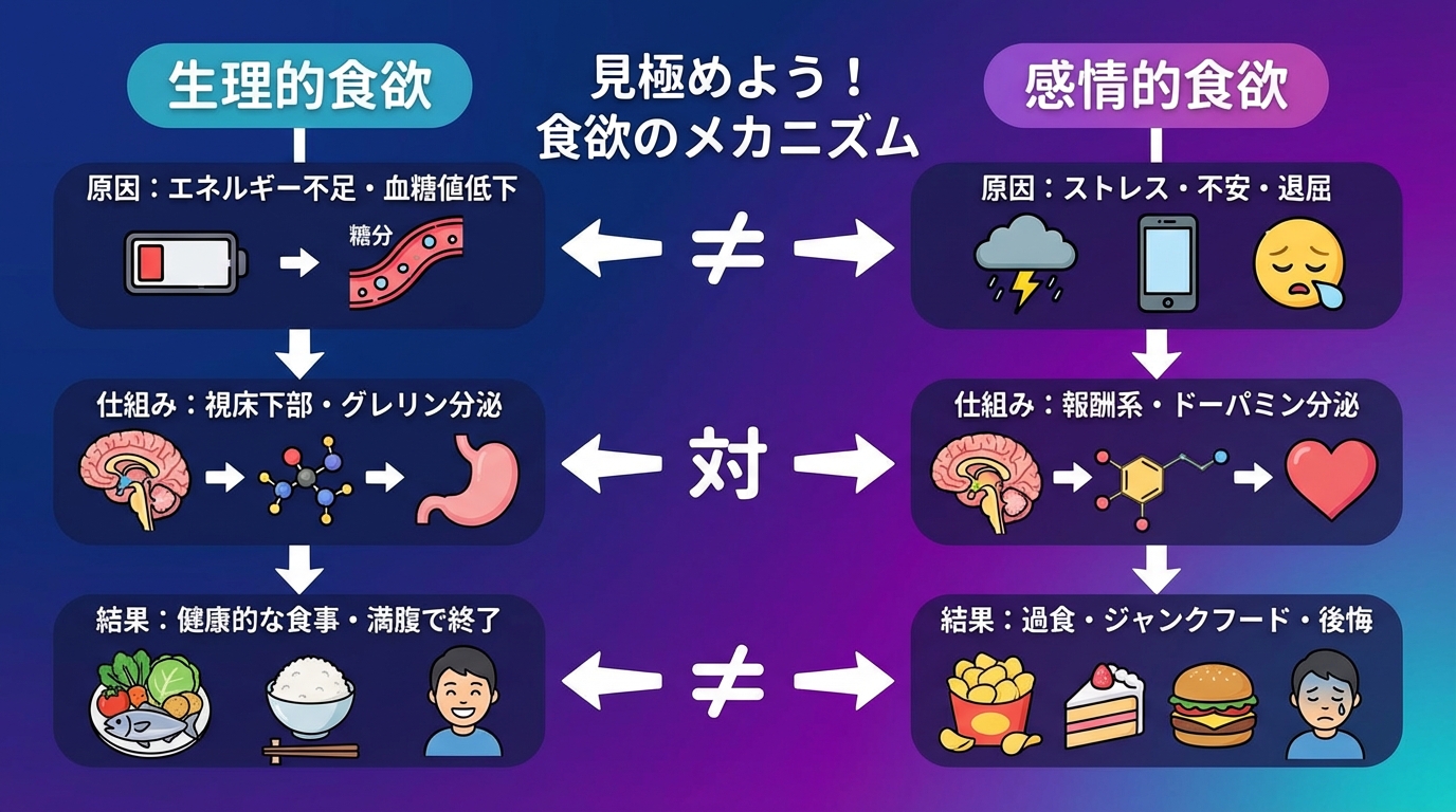 生理的食欲と感情的食欲を見極める方法の図解