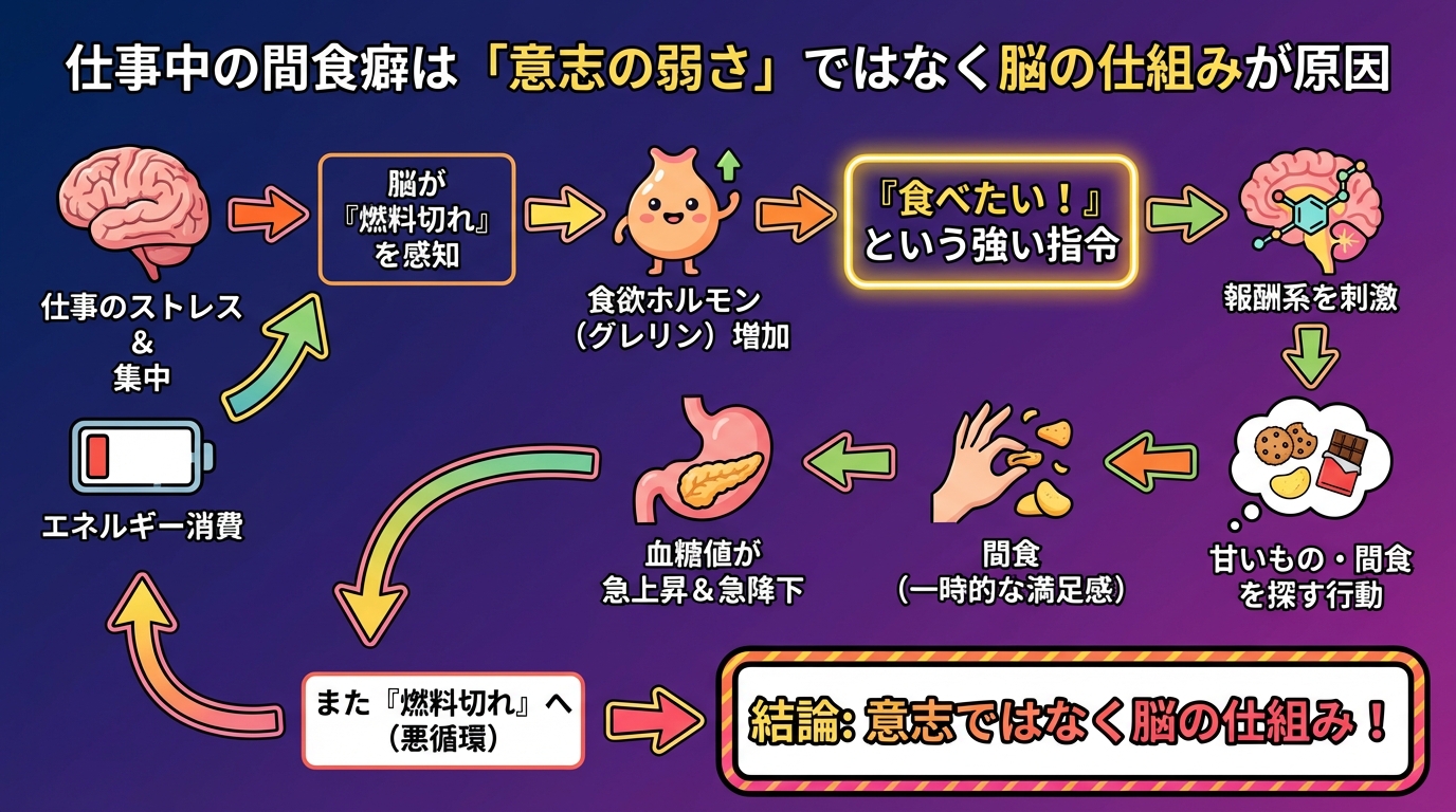 仕事中の間食癖は「意志の弱さ」ではなく脳の仕組みが原因の図解