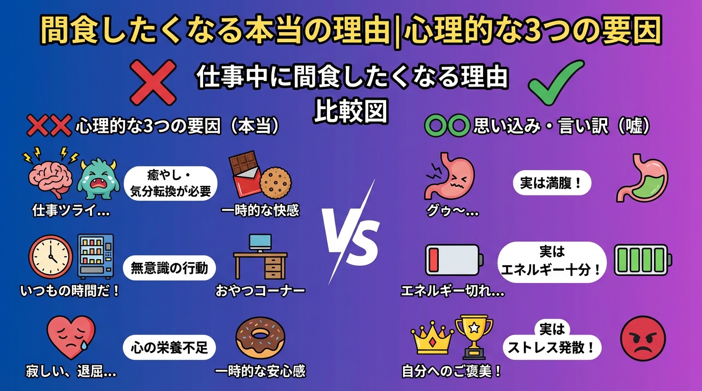 仕事中に間食したくなる本当の理由|心理的な3つの要因の図解