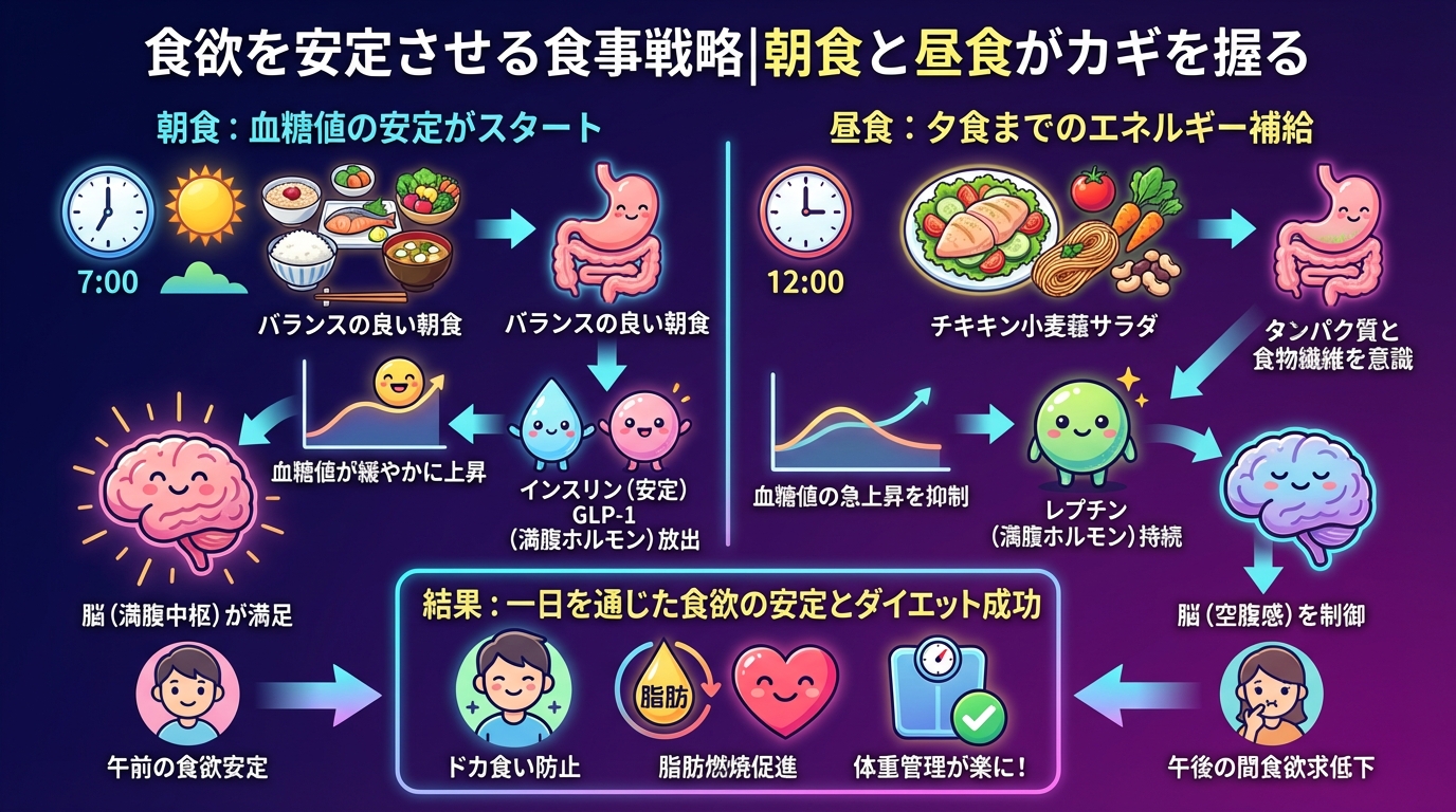 食欲を安定させる食事戦略|朝食と昼食がカギを握るの図解