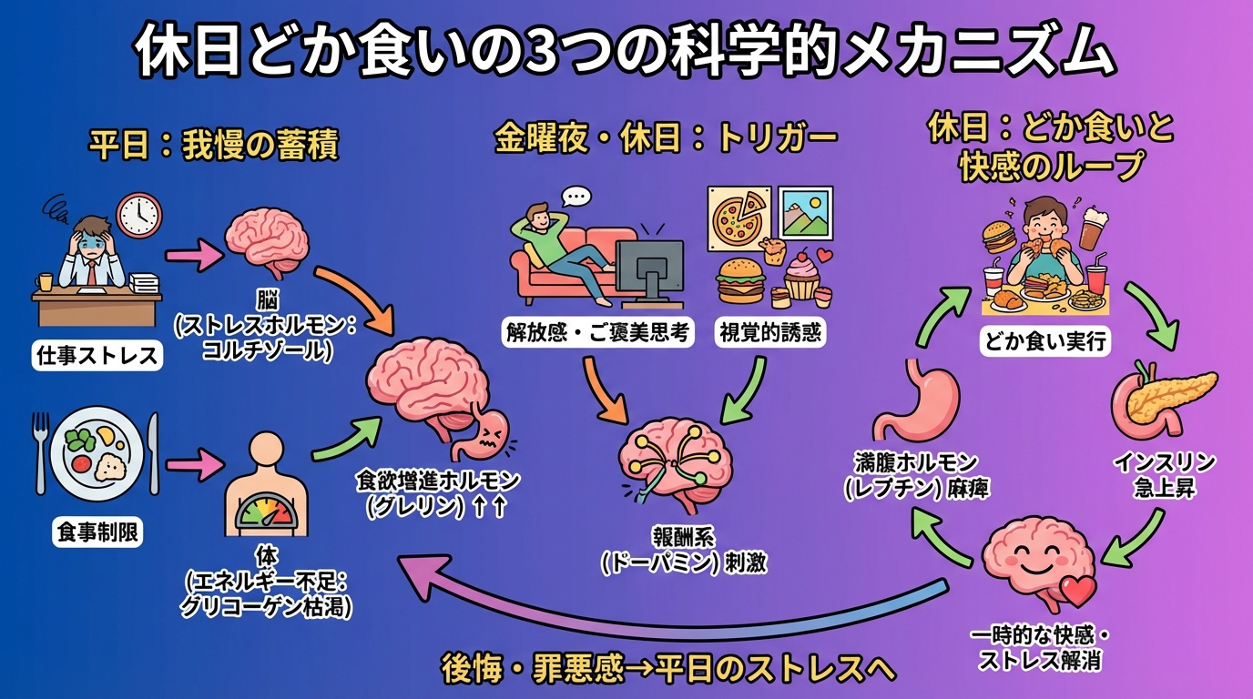 休日どか食いの3つの科学的メカニズムの図解