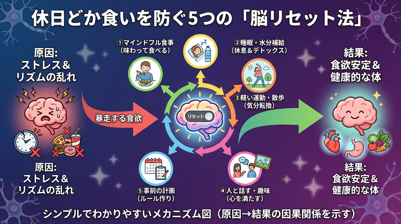 休日どか食いを防ぐ5つの「脳リセット法」の図解