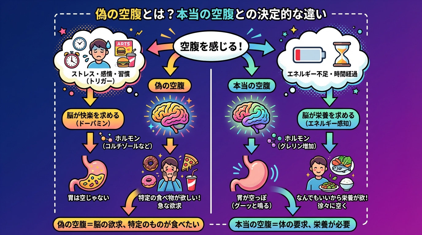 偽の空腹とは？本当の空腹との決定的な違いの図解