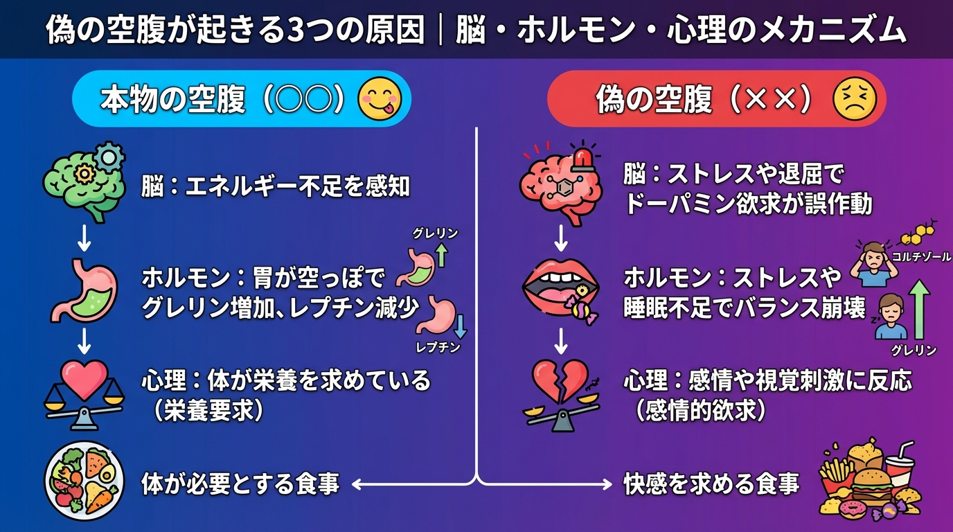 偽の空腹が起きる3つの原因｜脳・ホルモン・心理のメカニズムの図解