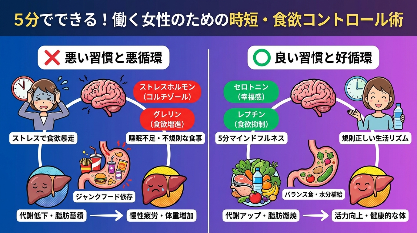 5分でできる！働く女性のための時短・食欲コントロール術の図解