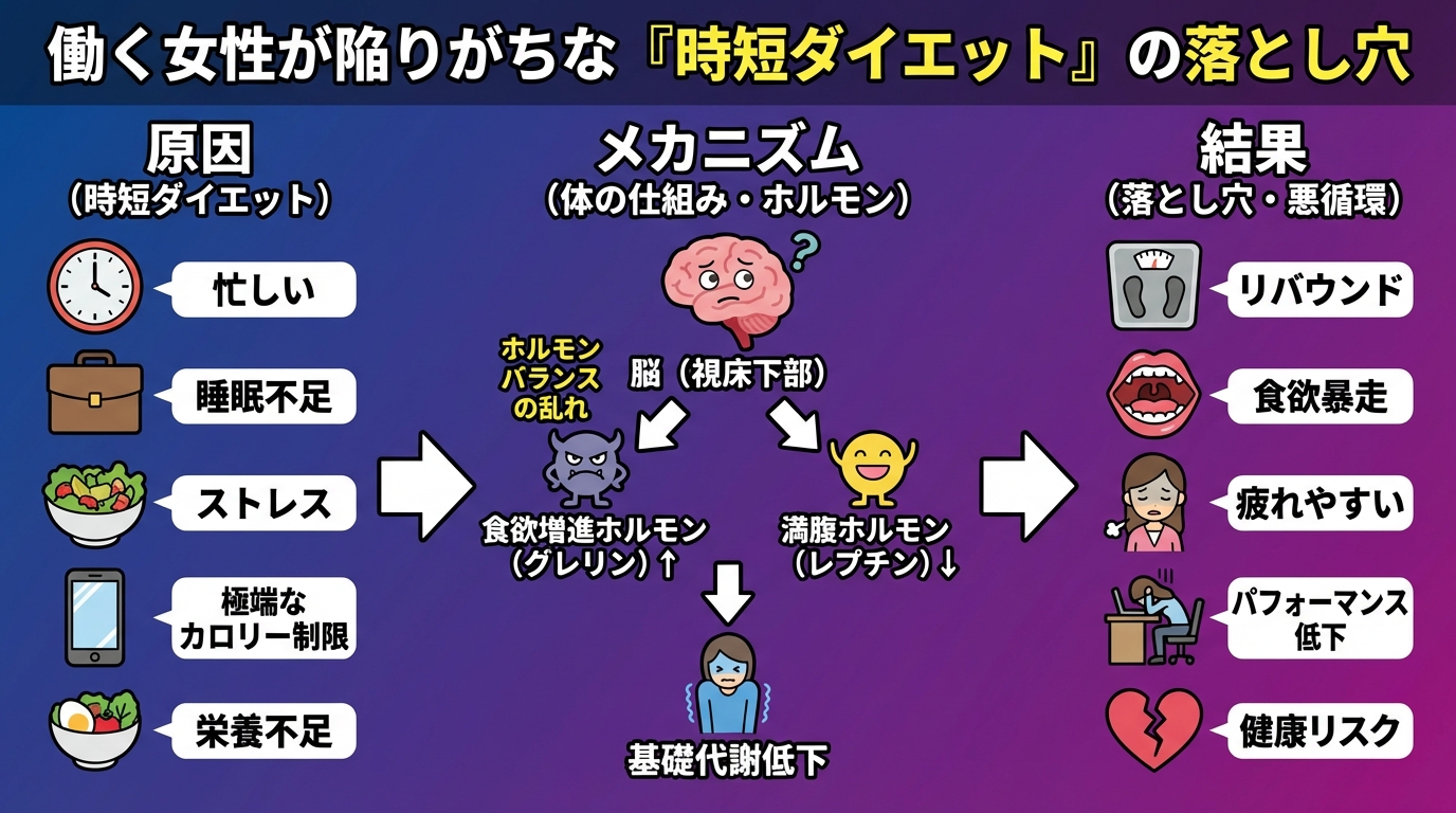 働く女性が陥りがちな「時短ダイエット」の落とし穴の図解