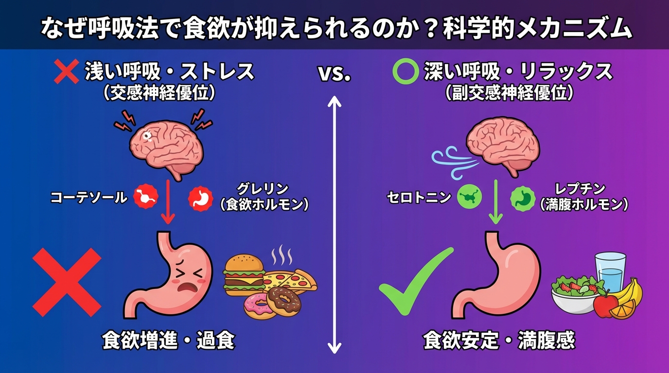 なぜ呼吸法で食欲が抑えられるのか?科学的メカニズムの図解
