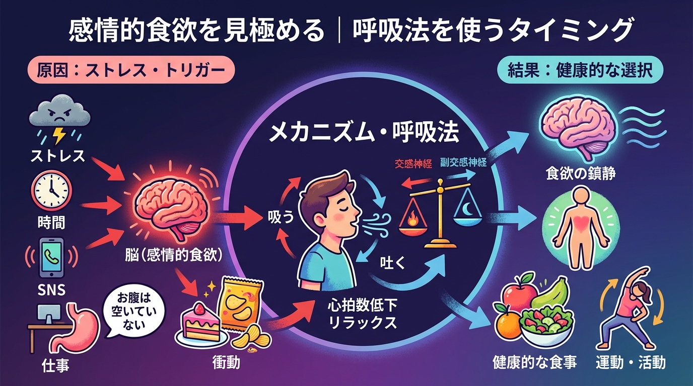 感情的食欲を見極める|呼吸法を使うタイミングの図解
