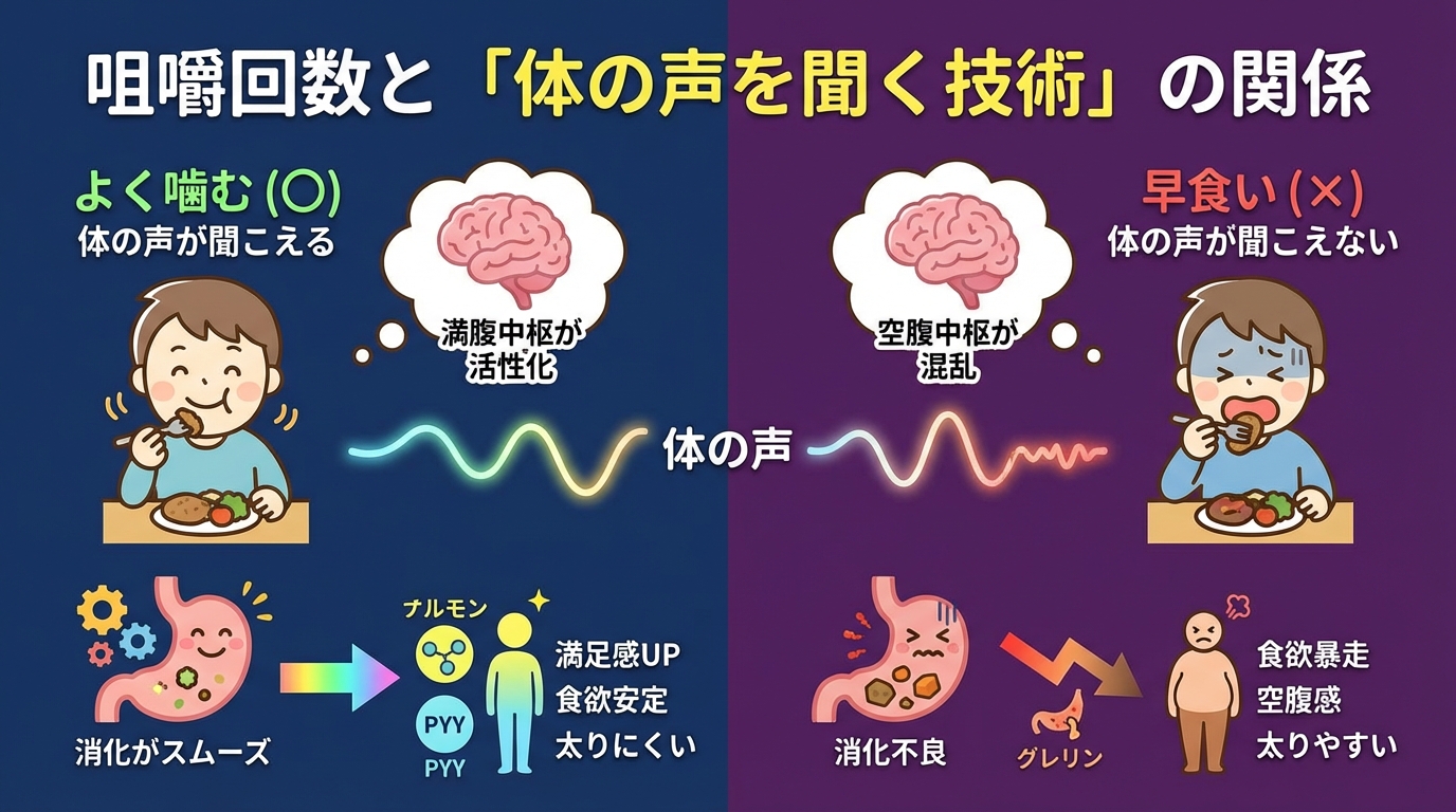 咀嚼回数と「体の声を聞く技術」の関係の図解
