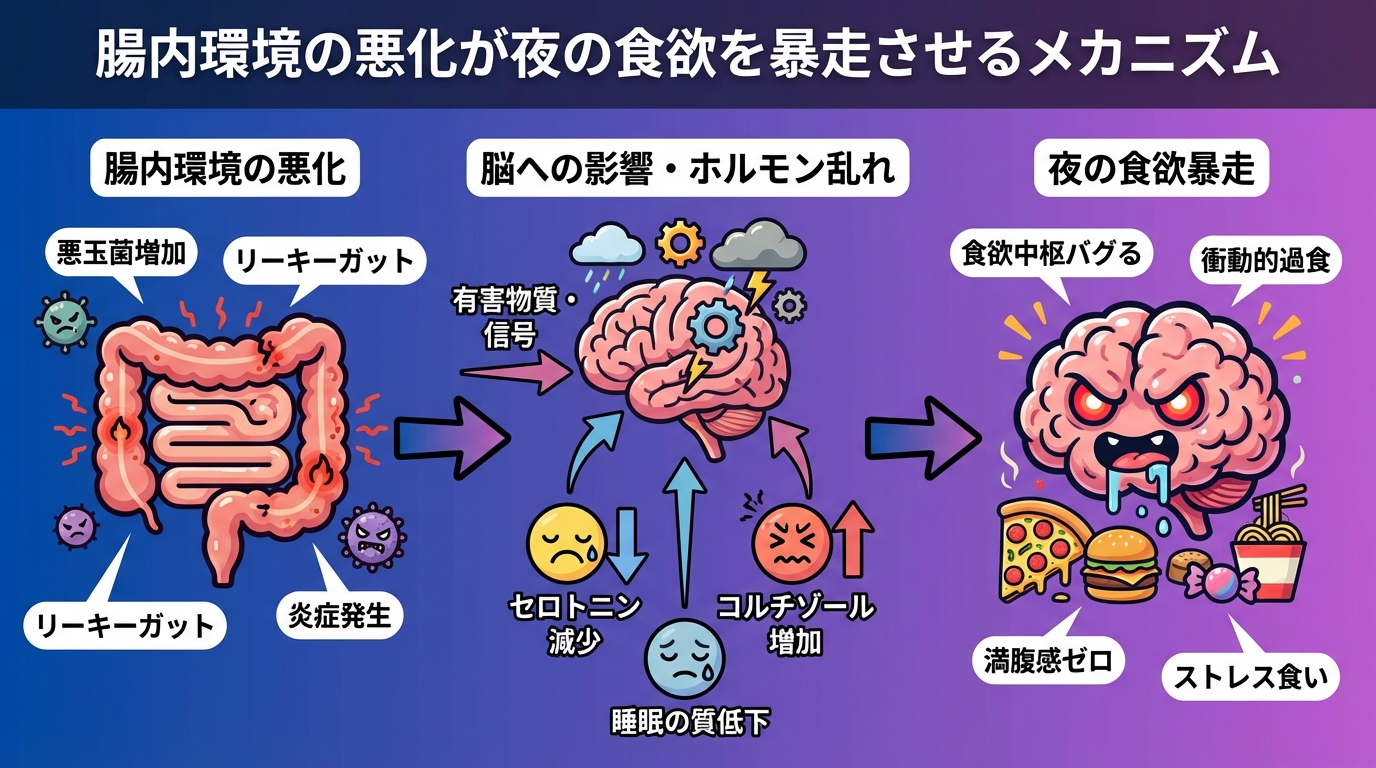 腸内環境の悪化が夜の食欲を暴走させるメカニズムの図解