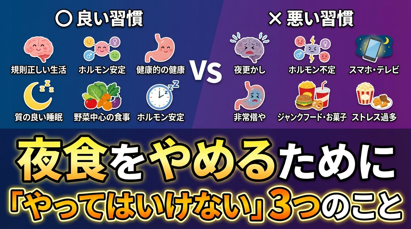 夜眠れないから食べちゃう…そのメカニズムと根本的な解決法に関する図解