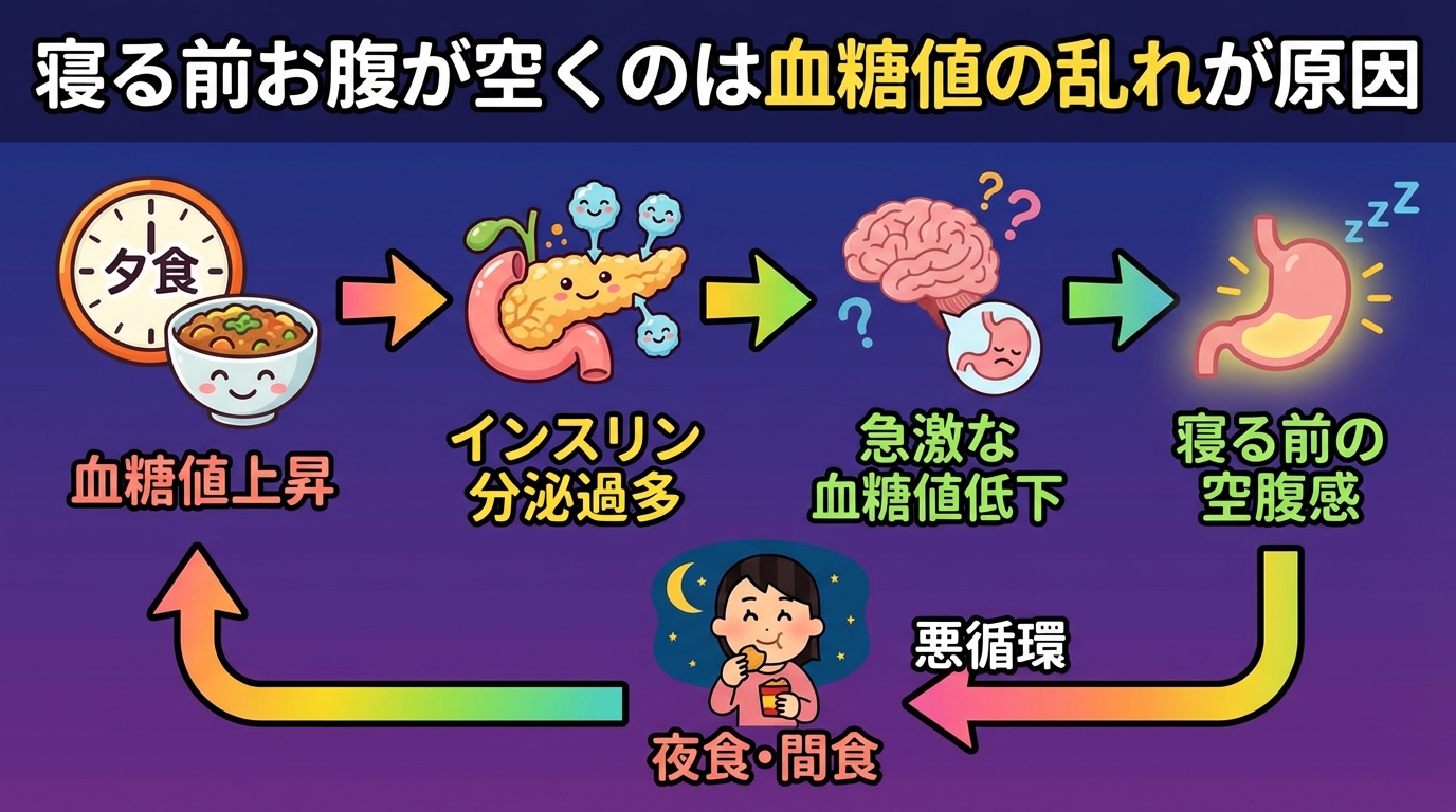 寝る前お腹が空くのは血糖値の乱れが原因の図解
