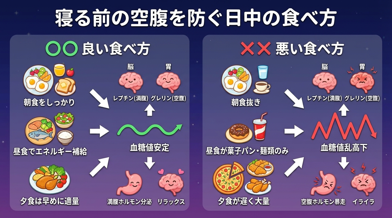 寝る前の空腹を防ぐ日中の食べ方の図解