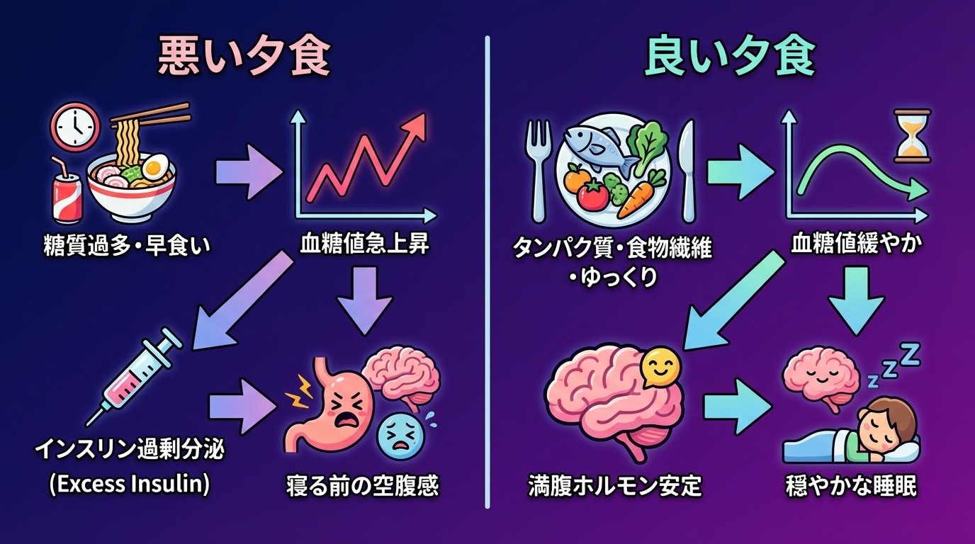 夕食の取り方で寝る前の空腹は変わるの図解