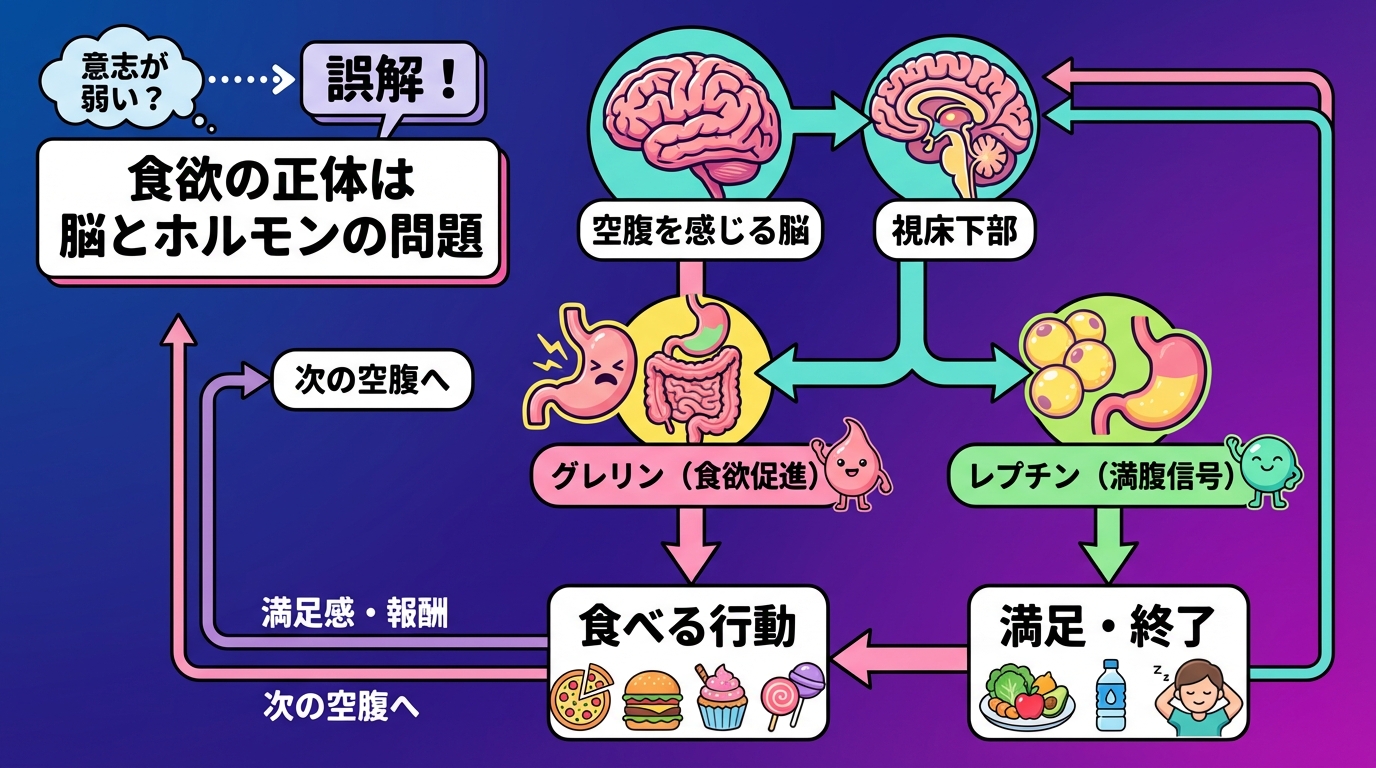 「意志が弱い」は誤解！食欲の正体は脳とホルモンの問題の図解