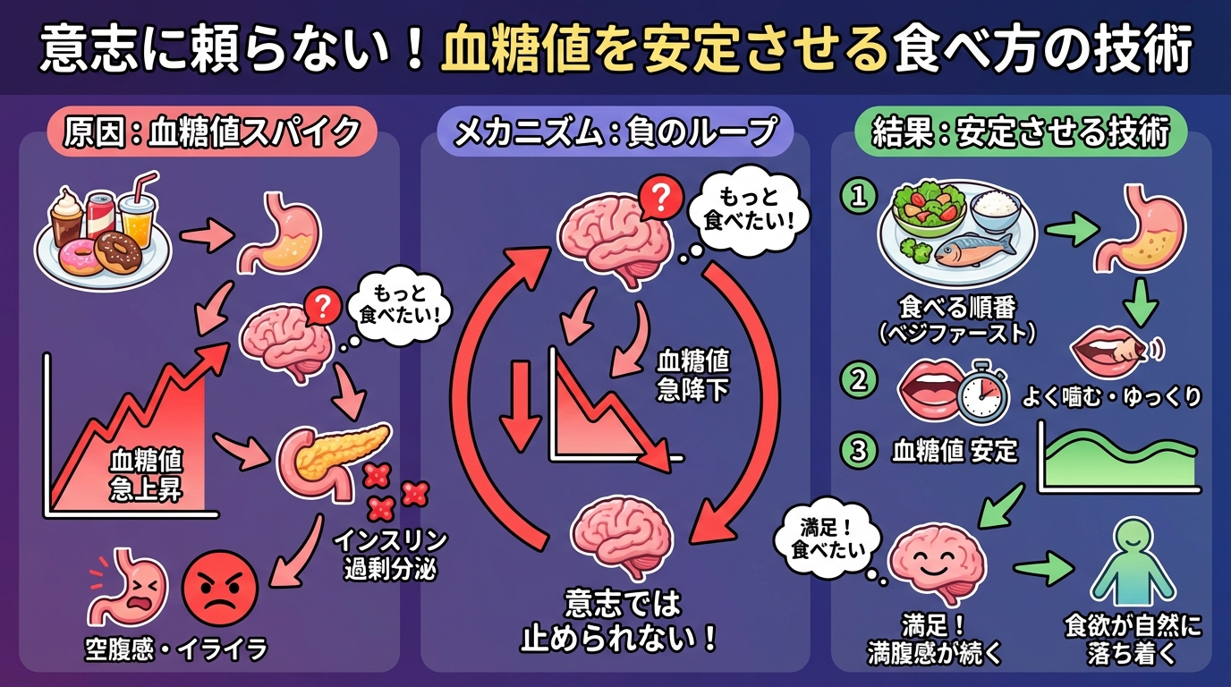 意志に頼らない！血糖値を安定させる食べ方の技術の図解