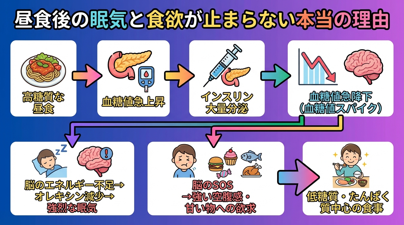 昼食後の眠気と食欲が止まらない本当の理由の図解