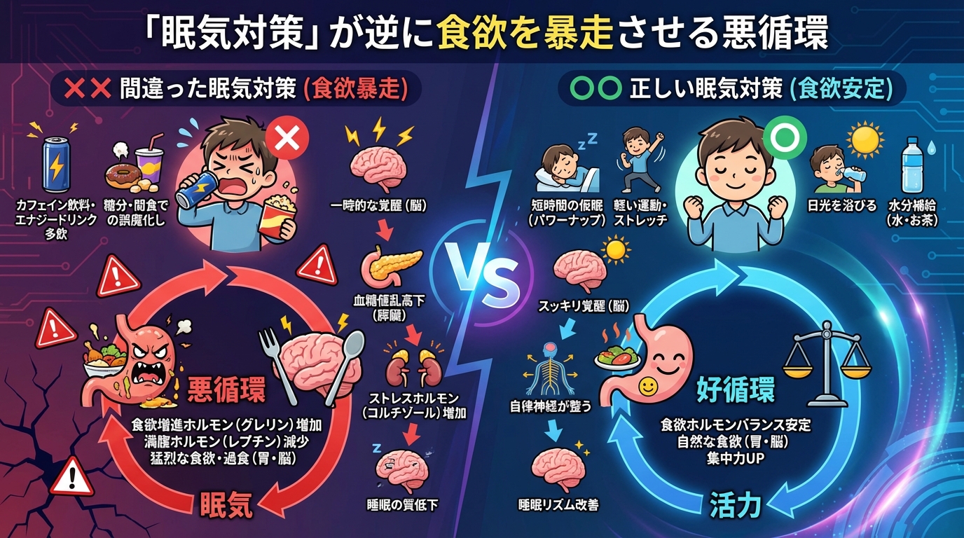 「眠気対策」が逆に食欲を暴走させる悪循環の図解