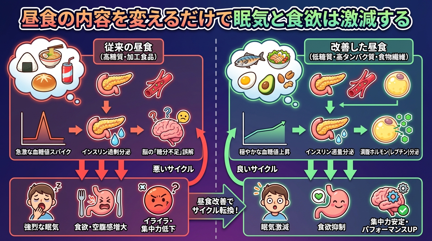 昼食の内容を変えるだけで眠気と食欲は激減するの図解