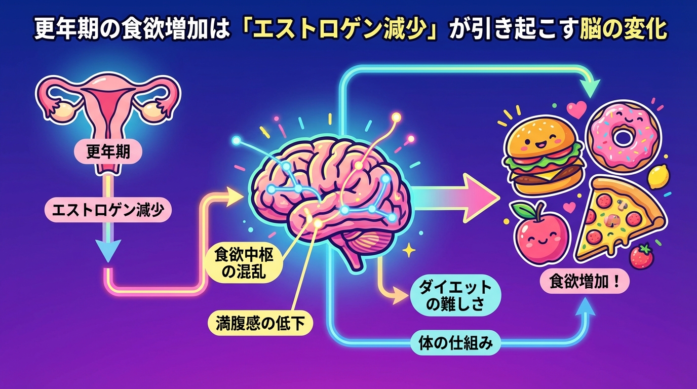 更年期の食欲増加は「エストロゲン減少」が引き起こす脳の変化の図解