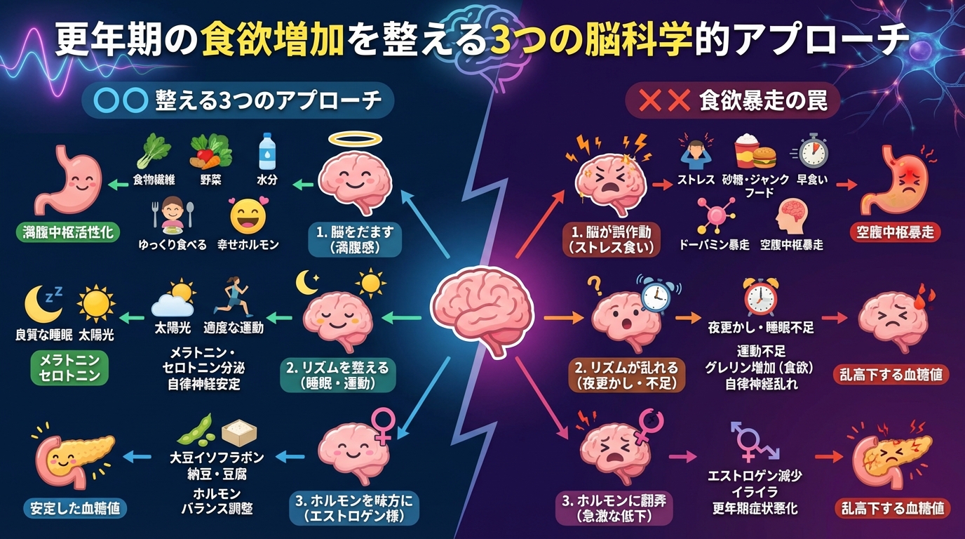 更年期の食欲増加を整える3つの脳科学的アプローチの図解